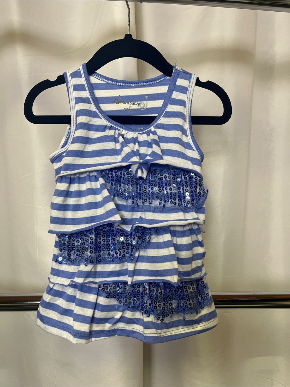 Dreamstar girls Blue & White Striped Sequin Tiered Tank Top - 2T